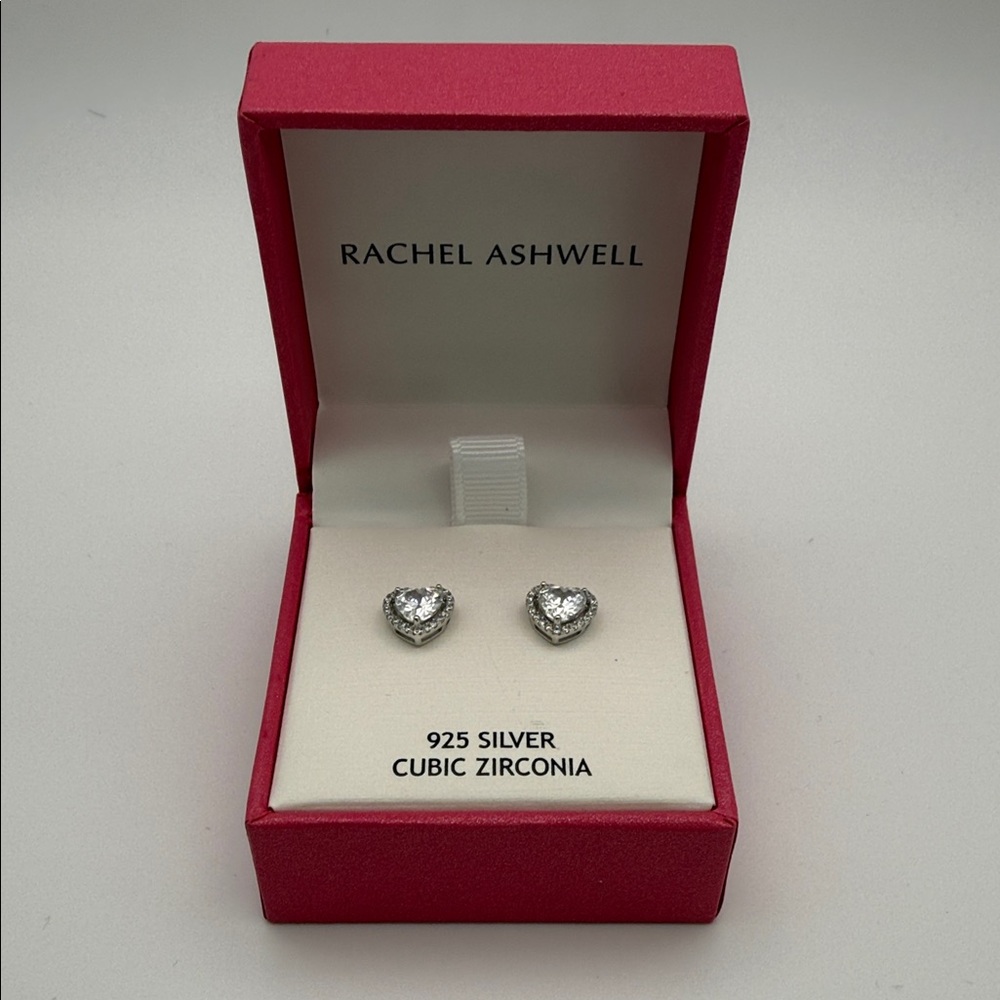 Rachel Ashwell 925 Silver Cubic Zirconia Heart Halo Stud Earrings Gift Boxed